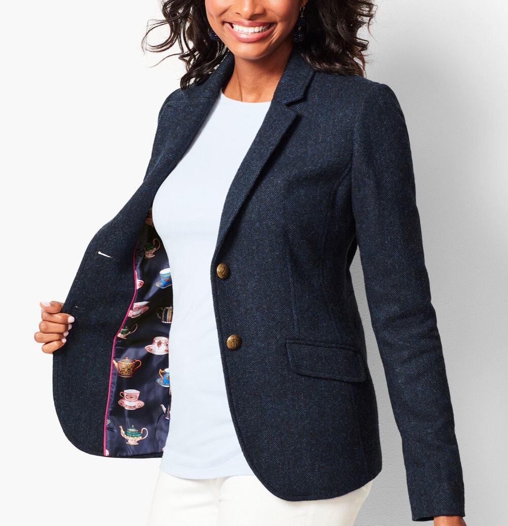 Talbots Shetland Wool Aberdeen Blazer Herringbone Navy Blue Tea Cups Size 14